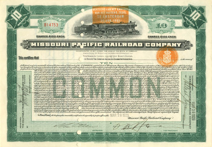 Missouri Pacific Railroad Co. - Railroad Stock Certificate